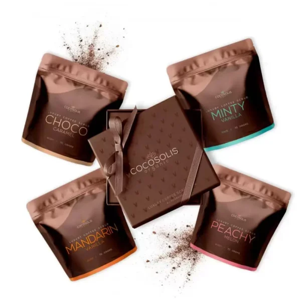 Prabangi dėžutė su 4 natūraliais, ekologiškais šveitikliais Cocosolis, 4 x 70g.